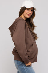 Brown Front Zipper Hooded Maternity Sweater