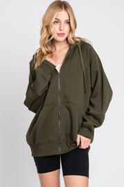 Olive Front Zipper Hooded Sweater