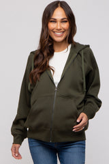 Olive Front Zipper Hooded Maternity Sweater