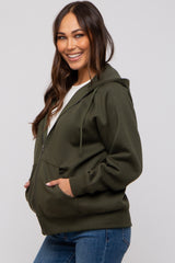 Olive Front Zipper Hooded Maternity Sweater