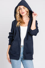 Navy Front Zipper Hooded Sweater