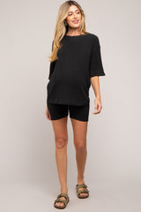 Black Ribbed Soft Short Sleeve Maternity Shorts Set