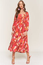 Rust Floral Square Neck Long Sleeve Midi Dress