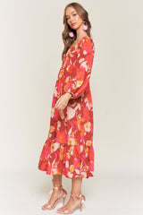 Rust Floral Square Neck Long Sleeve Midi Dress