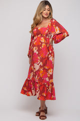 Rust Floral Square Neck Long Sleeve Maternity Midi Dress