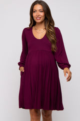 Burgundy Long Puff Sleeve Maternity Dress