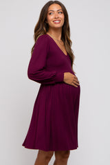 Burgundy Long Puff Sleeve Maternity Dress