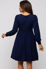 Navy Long Puff Sleeve Maternity Dress