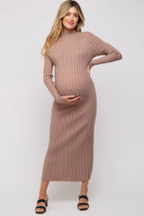 Taupe Ribbed Turtle Neck Maternity Midi Dress