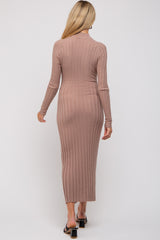 Taupe Ribbed Turtle Neck Maternity Midi Dress