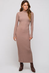 Taupe Ribbed Turtle Neck Maternity Midi Dress