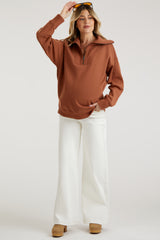 Camel High-Neck Maternity Fleece Pullover