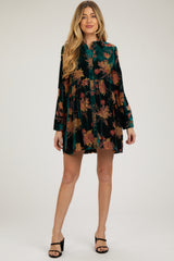 Forest Green Velvet Floral Burnout Button Front Long Sleeve Maternity Dress