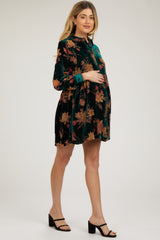 Forest Green Velvet Floral Burnout Button Front Long Sleeve Maternity Dress