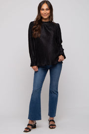 Black Textured Mock Neck Maternity Blouse