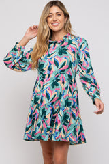 Teal Floral Ruffle Mock Neck Maternity Dress