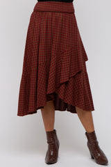 Burgundy Plaid Ruffle Midi Skirt