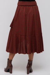 Burgundy Plaid Ruffle Midi Skirt