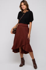 Burgundy Plaid Ruffle Midi Skirt