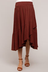 Burgundy Plaid Ruffle Maternity Midi Skirt