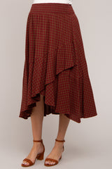 Burgundy Plaid Ruffle Maternity Midi Skirt