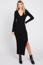 Black Ribbed Collared Fitted Side Slit Midi Dress