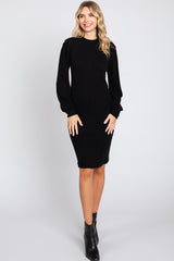 Black Ribbed Long Sleeve Mock Neck Dress