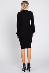 Black Ribbed Long Sleeve Mock Neck Dress