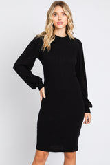 Black Ribbed Long Sleeve Mock Neck Dress