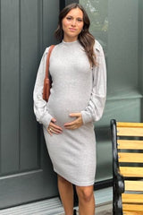 Heather Grey Ribbed Long Sleeve Mock Neck Maternity Dress