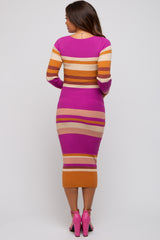 Magenta Striped Long Sleeve Maternity Midi Dress