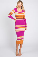 Magenta Striped Long Sleeve Maternity Midi Dress