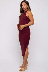 Burgundy Sleeveless Side Slit Maternity Midi Dress