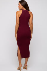 Burgundy Sleeveless Side Slit Maternity Midi Dress