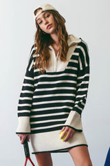 Black Striped Zipper Front Collared Maternity Sweater Dress