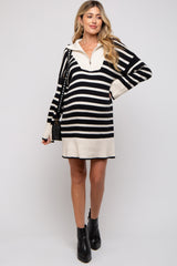 Black Striped Zipper Front Collared Maternity Sweater Dress