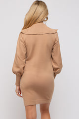 Taupe Knit Half Zip Maternity Mini Dress