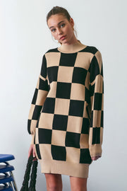 Black Checkered Knit Sweater Dress