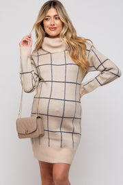 Taupe Windowpane Turtleneck Maternity Sweater Dress