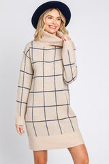 Taupe Windowpane Turtleneck Sweater Dress