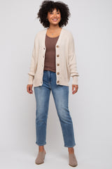 Beige Basic Ribbed Cardigan Sweater