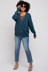 Dark Teal Basic Ribbed Cardigan Sweater