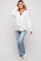 White Basic Ribbed Maternity Cardigan Sweater