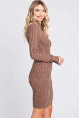 Mocha Cable Knit Mock Neck Long Sleeve Sweater Dress