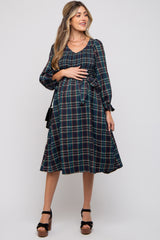 Forest Green Plaid Smocked A-Line Maternity Midi Dress