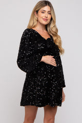 Black Sequin Velour Front Tie Maternity Mini Dress