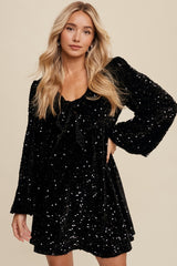 Black Sequin Velour Front Tie Maternity Mini Dress