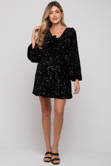 Black Sequin Velour Front Tie Maternity Mini Dress