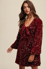 Burgundy Sequin Velour Front Tie Mini Dress