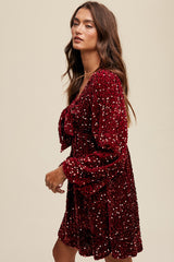 Burgundy Sequin Velour Front Tie Mini Dress